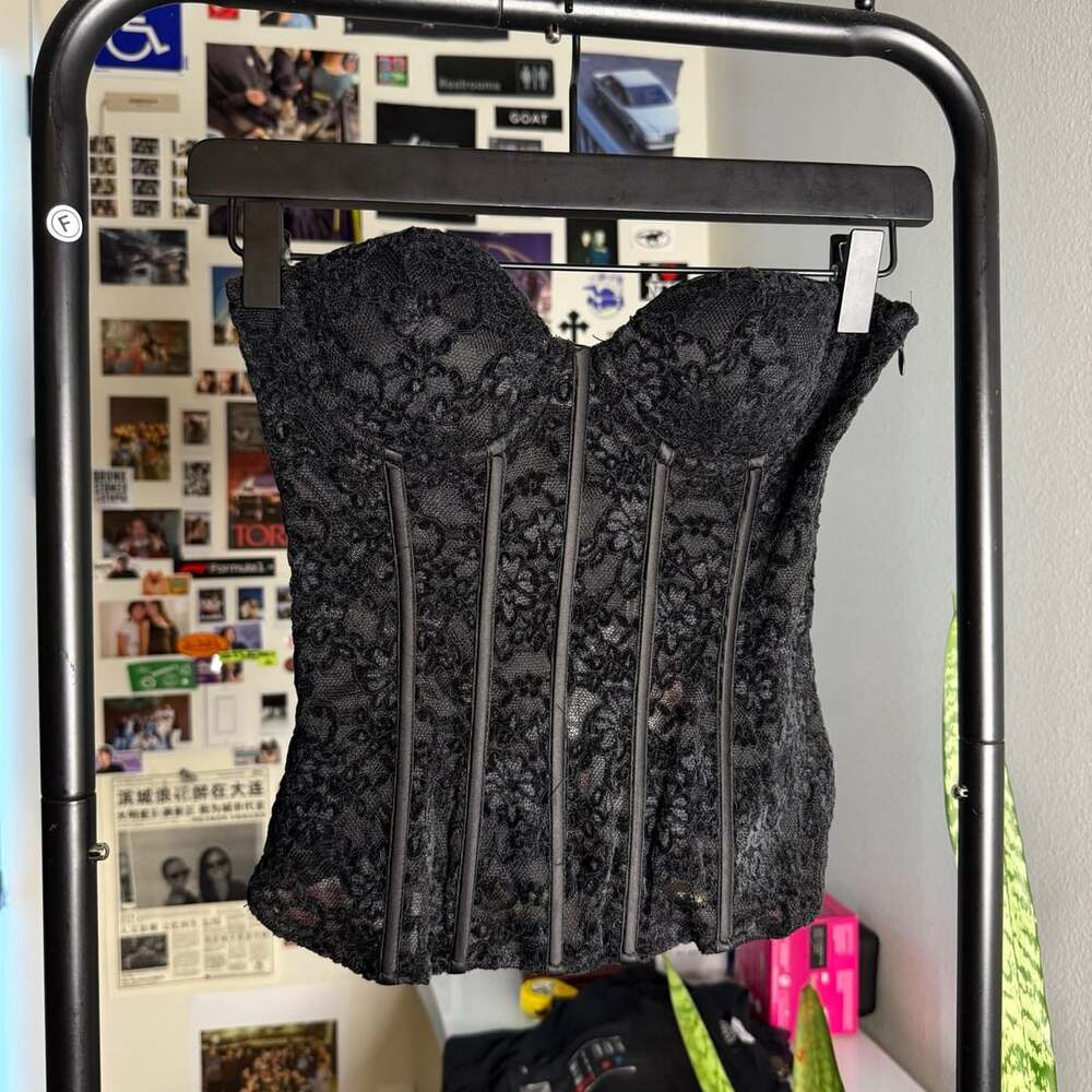 Black Floral Lace Boned Corset Bustier Crop Top